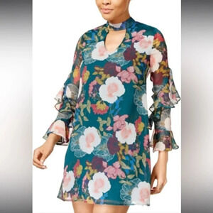 As U Wish Floral-Print Choker-Neck Dress (Green Blush, XS)